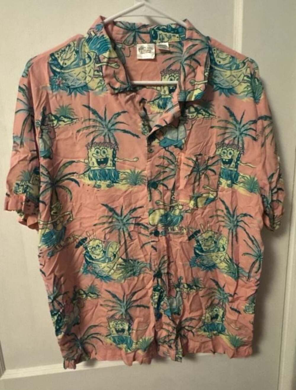 SpongeBob SquarePants Men's Pink Tropical Hawaiian Button-Up Shirt
